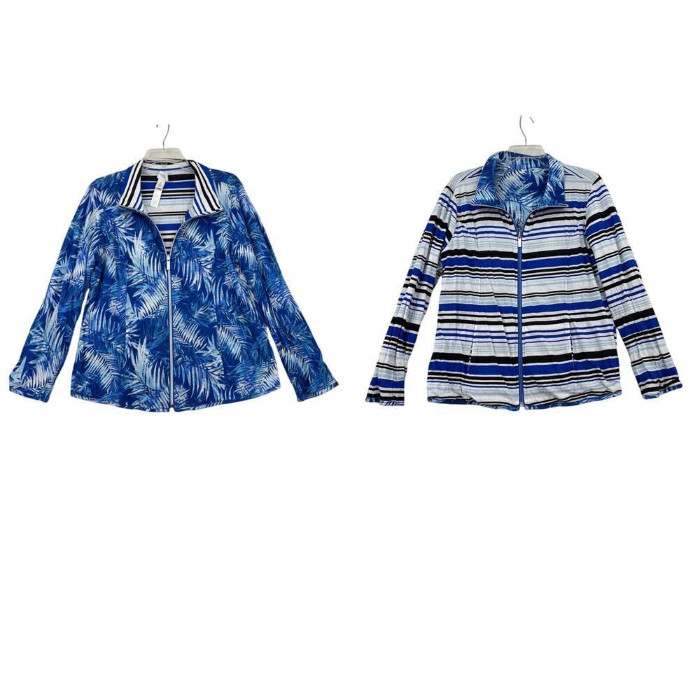 Weekends by Chico's Reversible Jacket Womens Size L Blue Tropical‎ and Stripe